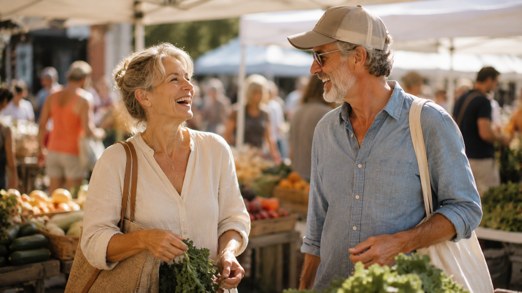 Two adults over 50 laughing together at a farmers market, enjoying a spontaneous conversation