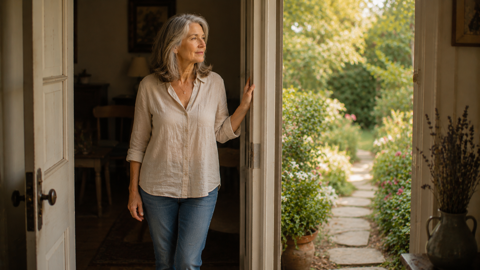 Woman over 50 standing in a doorway looking toward a sunlit garden path, one hand on the doorframe, calm and deliberate