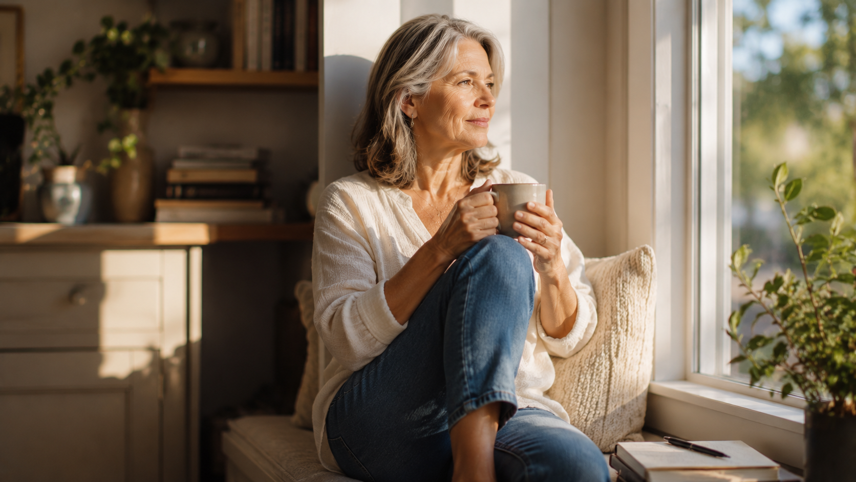 Woman over 50 sitting by a sunlit window with a mug, gazing out with calm contemplation