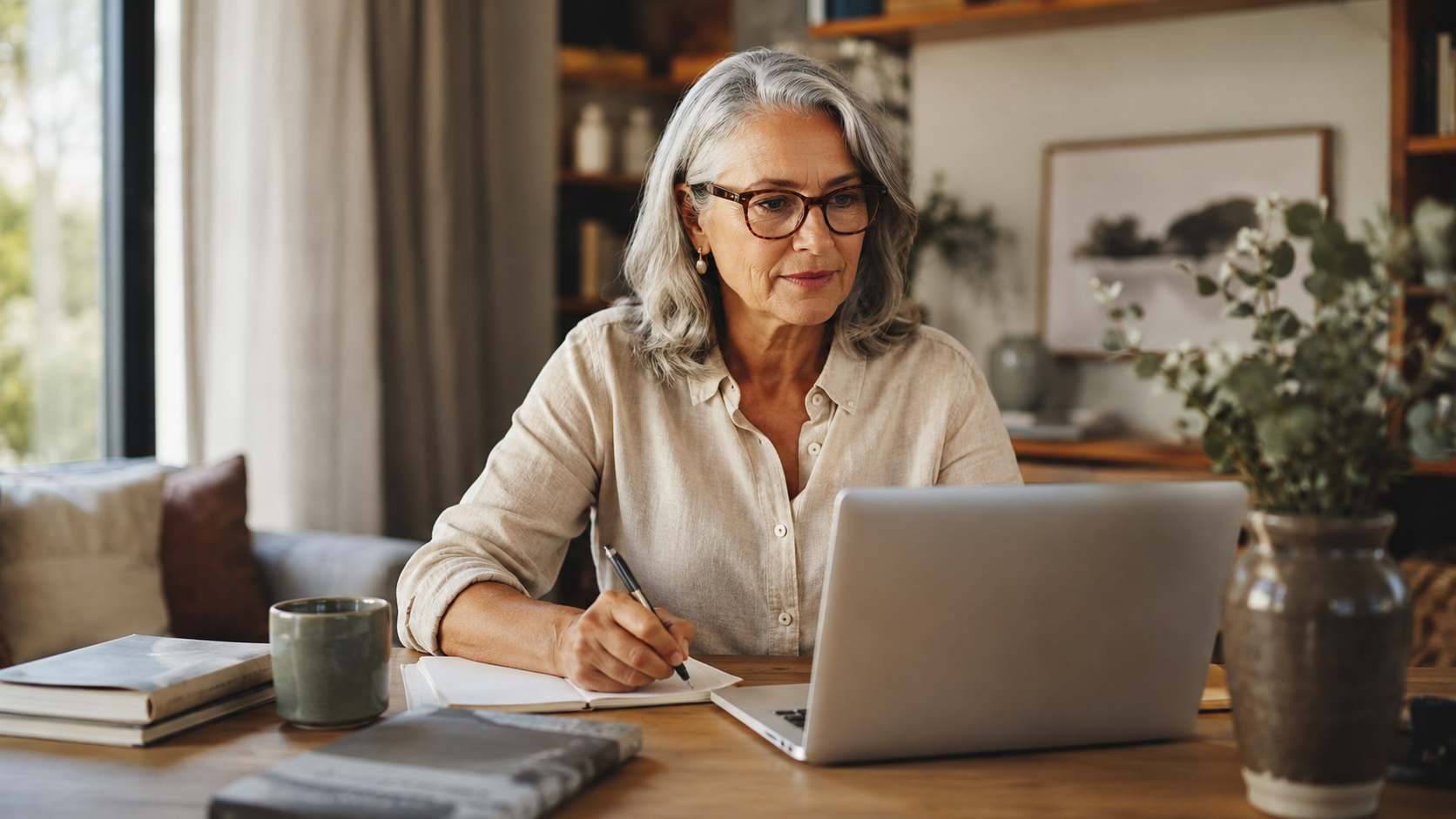 Woman over 50 at a home desk organizing notes and preparing to report a suspected romance scam