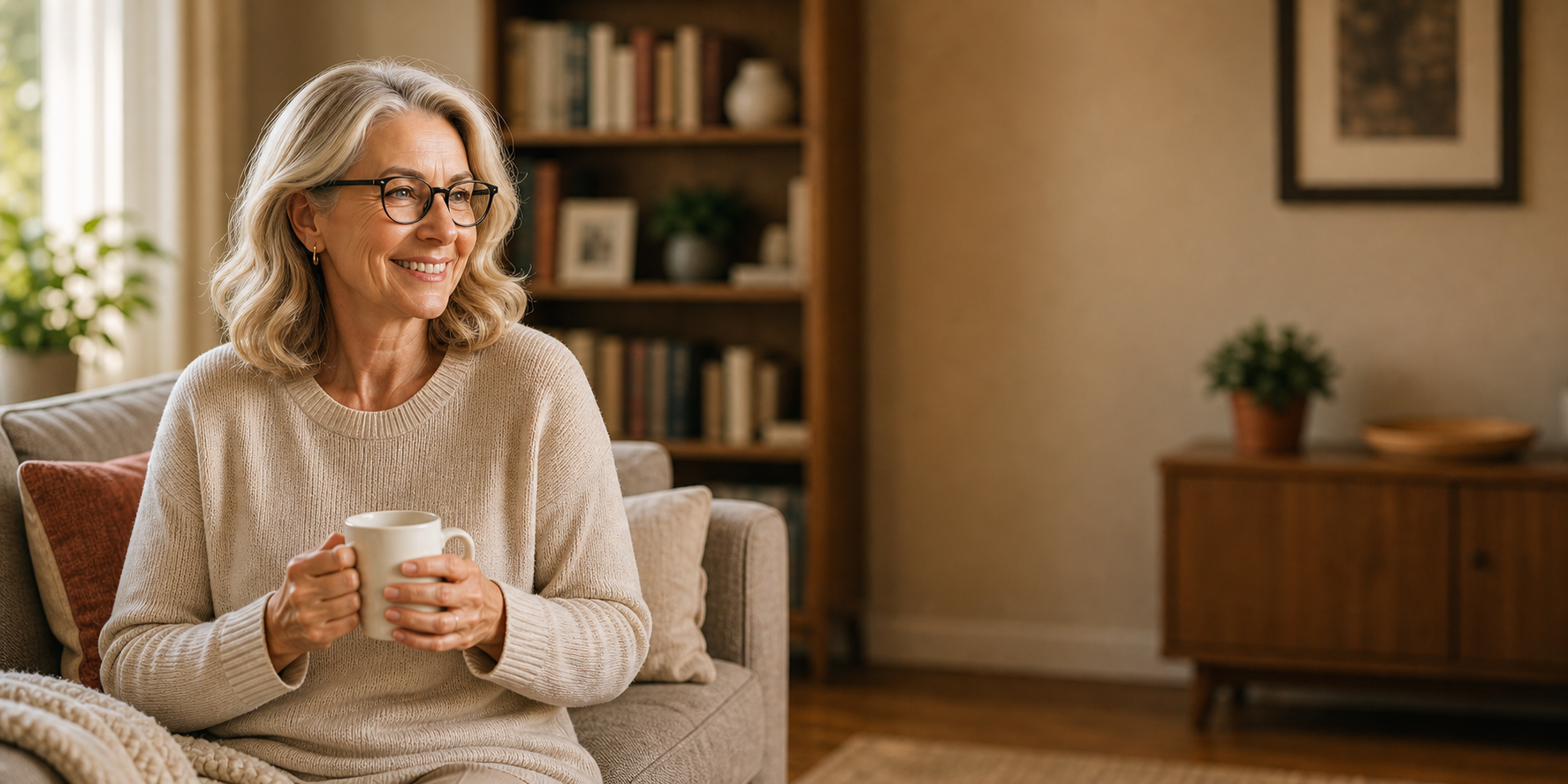 Woman over 50 reading at a calm sunlit table